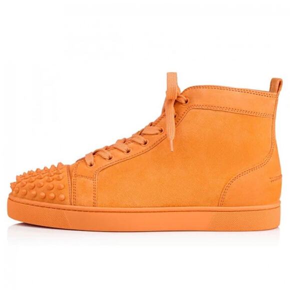 Christian Louboutin Lou Spikes Flat Melon Orange Suede High Top Sneaker 44 11 - Picture 3 of 15